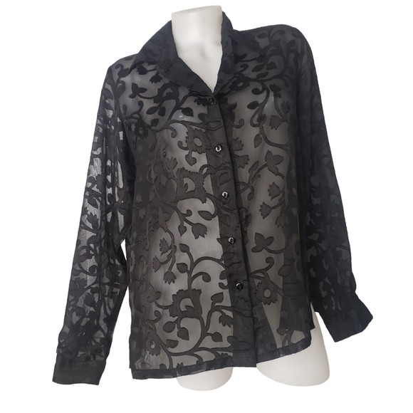 Vintage RED HOT Sheer Black Floral Button Up Blouse Size Medium - Picture 6 of 6